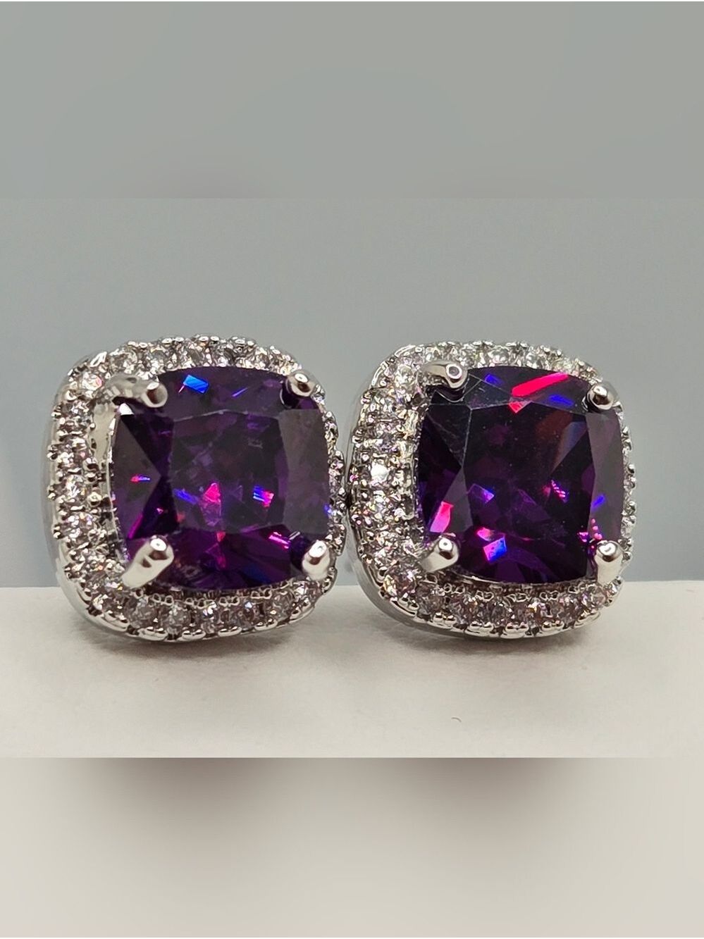Amethyst Cushion Cut Halo Stud Earrings 925 Sterling Silver Purple Sparkly